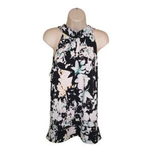 WHBM Floral Mock Neck Sleeveless Blouse Top Size XL Black White
